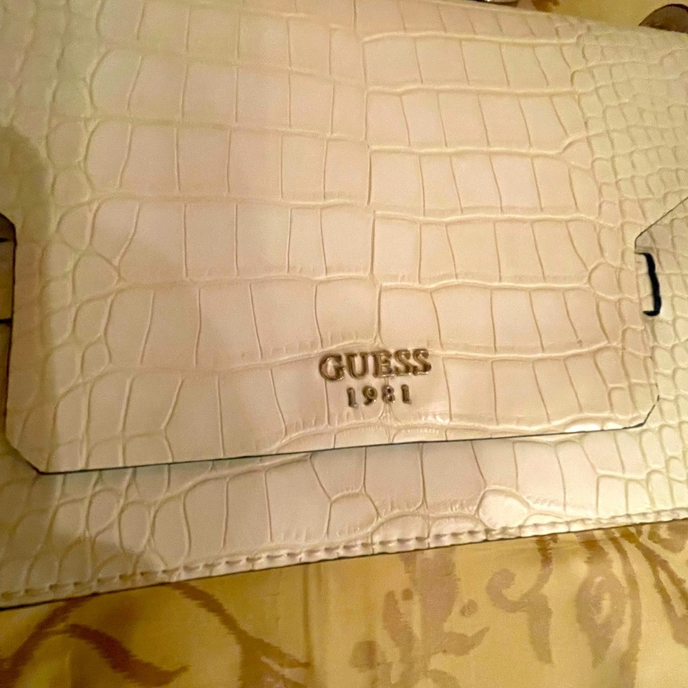 Guess 1981 cream winter white croc embossed vegan leather crossbody mini bag